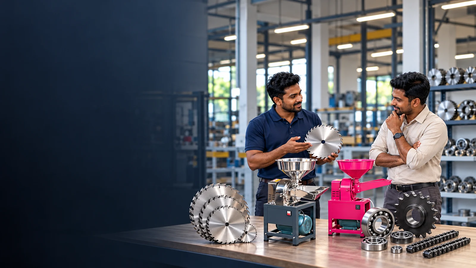 Sri Lankan product specialist discussing saw blades, flour mill machines and spare parts with a customer