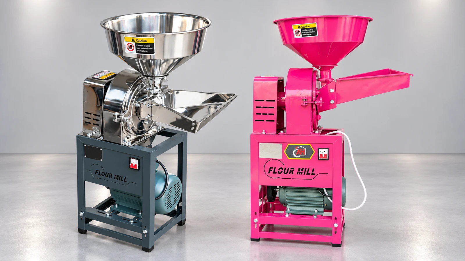 Stainless-steel and pink flour mill machines displayed side by side